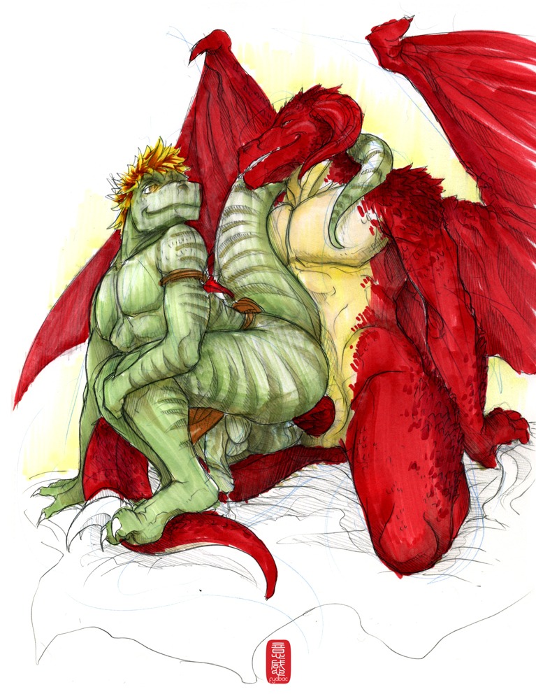 anal anthro bodily_fluids cum dinosaur dragon dromaeosaurid duo e621 erection floru fydbac genital_fluids genitals graphite_(artwork) green_body green_scales half-erect ironclaw_(character) male male/male male_penetrated male_penetrating male_penetrating_male marker_(artwork) membrane_(anatomy) membranous_wings mixed_media mythological_creature mythological_scalie mythology penetration penis prehistoric_species red_body red_scales reptile saurischian scales scalie sex tail theropod traditional_media_(artwork) velociraptor wings