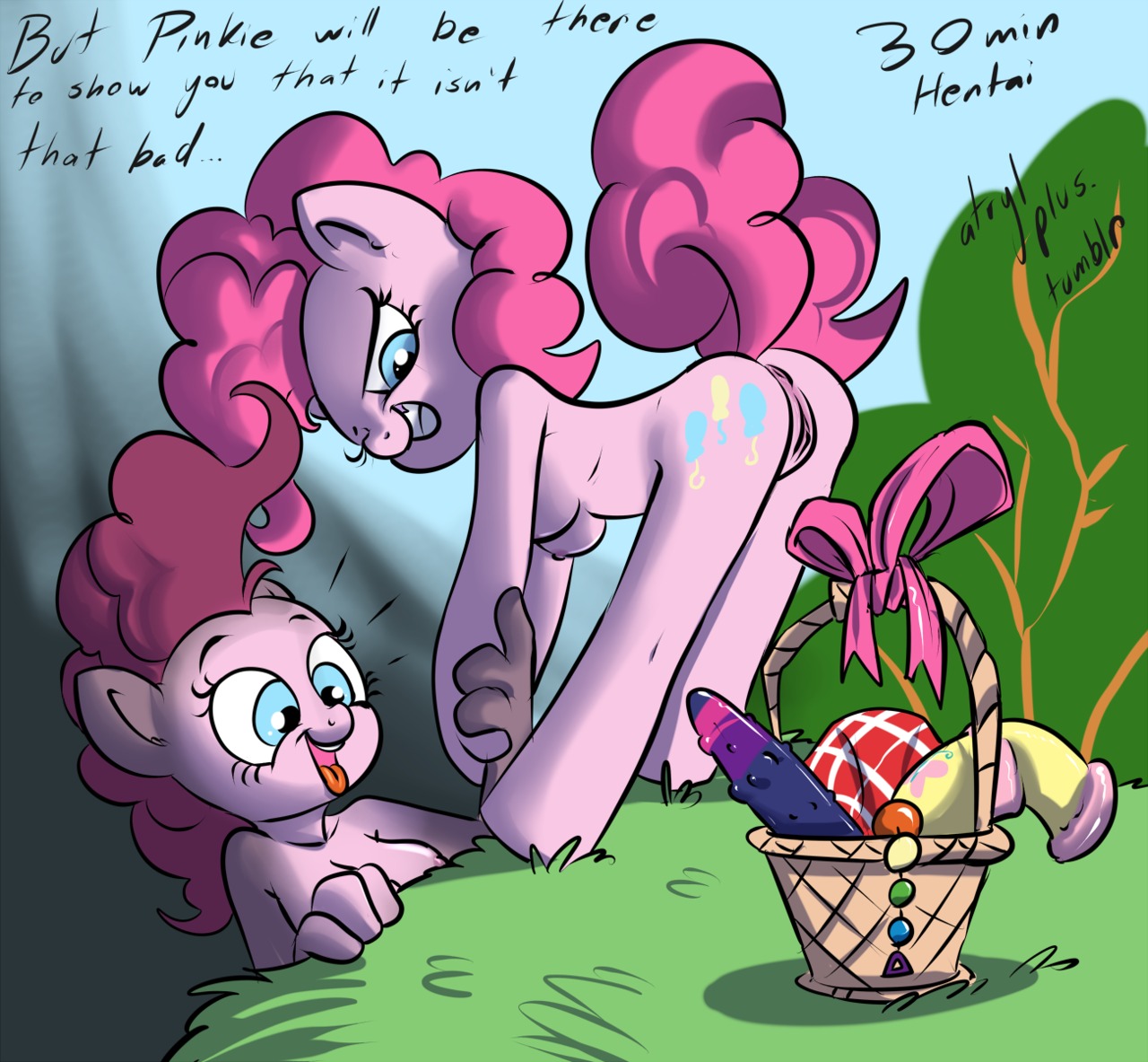 2012 anthro anthrofied anus atryl blue_eyes breasts butt cutie_mark digital_media_(artwork) dildo duo e621 earth_pony english_text equid equine female friendship_is_magic genitals hair hasbro horse long_hair looking_back mammal my_little_pony nipples open_mouth pink_hair pinkie_pie_(mlp) pony sex_toy square_crossover surprised tail text tongue tongue_out vulva