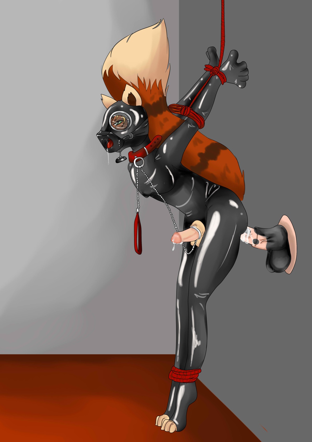 absurd_res accessory ailurid anal anal_penetration anthro arms_together bdsm bodily_fluids bodysuit bondage bound clothing cock_ring collar costume cum digital_media_(artwork) dildo drooling e621 gag genital_fluids genitals hi_res jewelry kaeaskavi latex leash legs_together male mammal mask penetration penis penis_accessory penis_jewelry red_panda ring_gag saliva sex_toy skinsuit solo standing strappado suka tight_clothing tongue