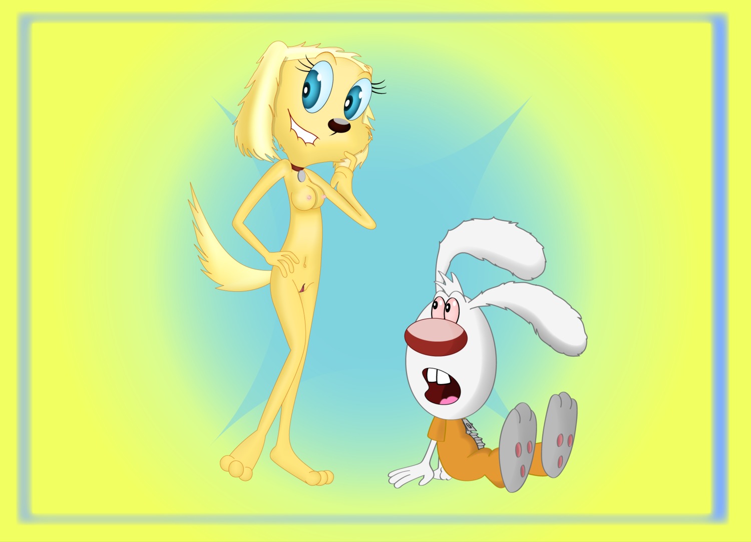 anthro brandy_and_mr._whiskers brandy_harrington canine disney disney_channel dog female furry looking_at_another looking_at_viewer male mammal mr._whiskers nipples nude rabbit rule34 sitting size_difference standing tagme toon_disney