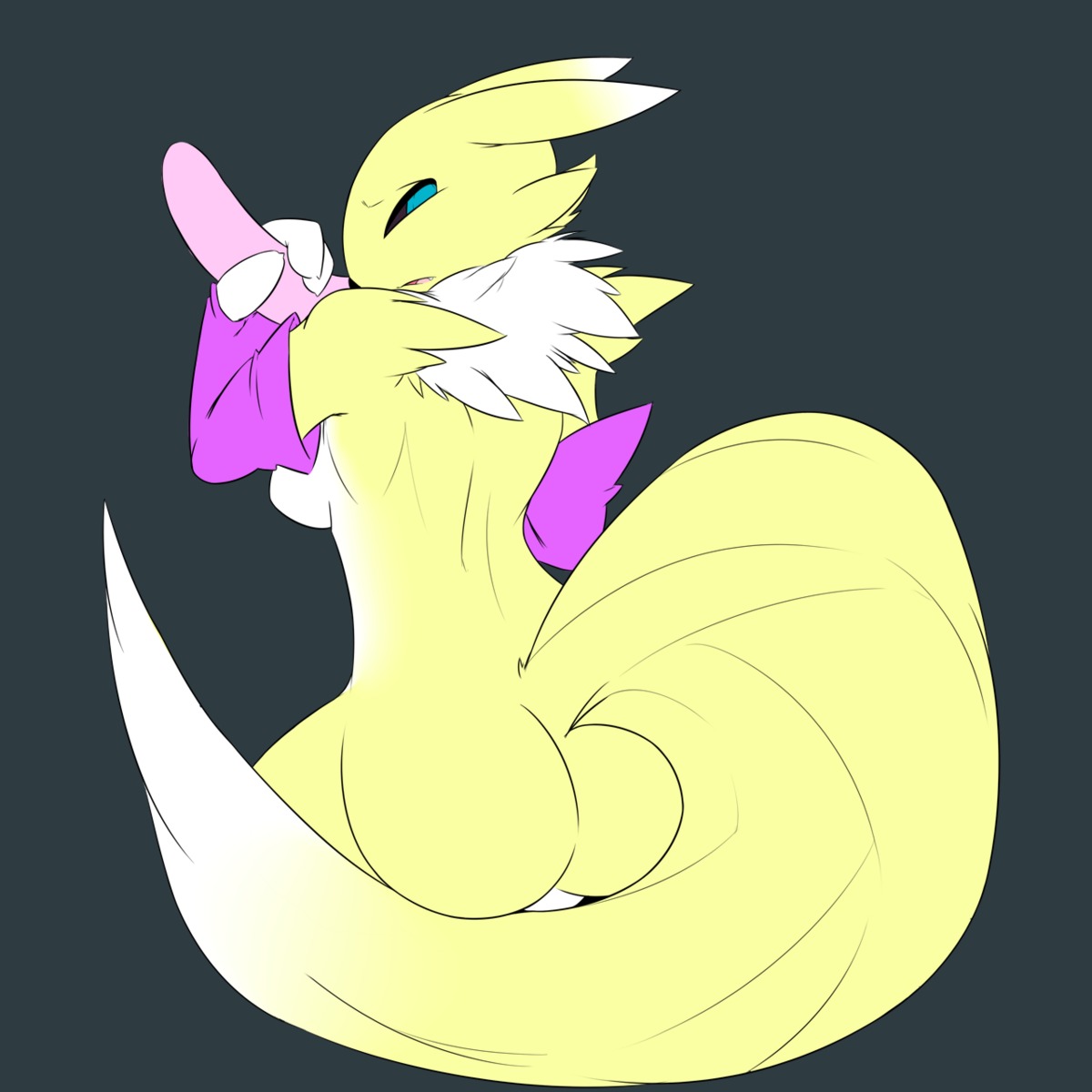 1:1 anthro armwear bandai_namco black_sclera blue_eyes breasts butt canid canine clothing digimon digimon_(species) dildo e621 elbow_gloves female fur gloves handwear hi_res mammal renamon sex_toy solo tail unknown_artist white_body white_fur yellow_body yellow_fur