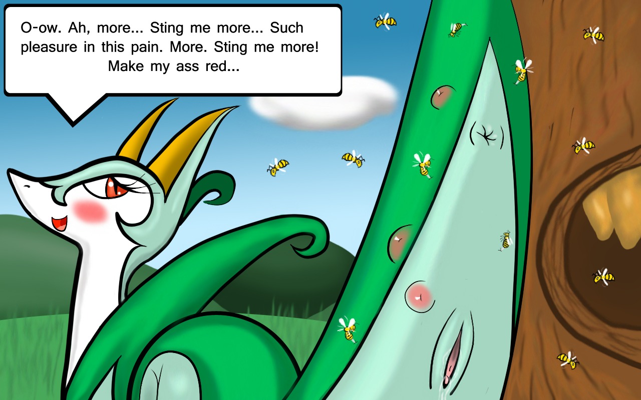 16:10 2012 anus arthropod bee bee_sting blush bodily_fluids bsting butt e621 english_text female feral generation_5_pokemon genital_fluids genitals hymenopteran insect masochism nintendo nude open_mouth pokemon pokemon_(species) raised_tail red_eyes reddened_butt reptile scalie serpentine serperior snake solo tail text vaginal_fluids vulva widescreen