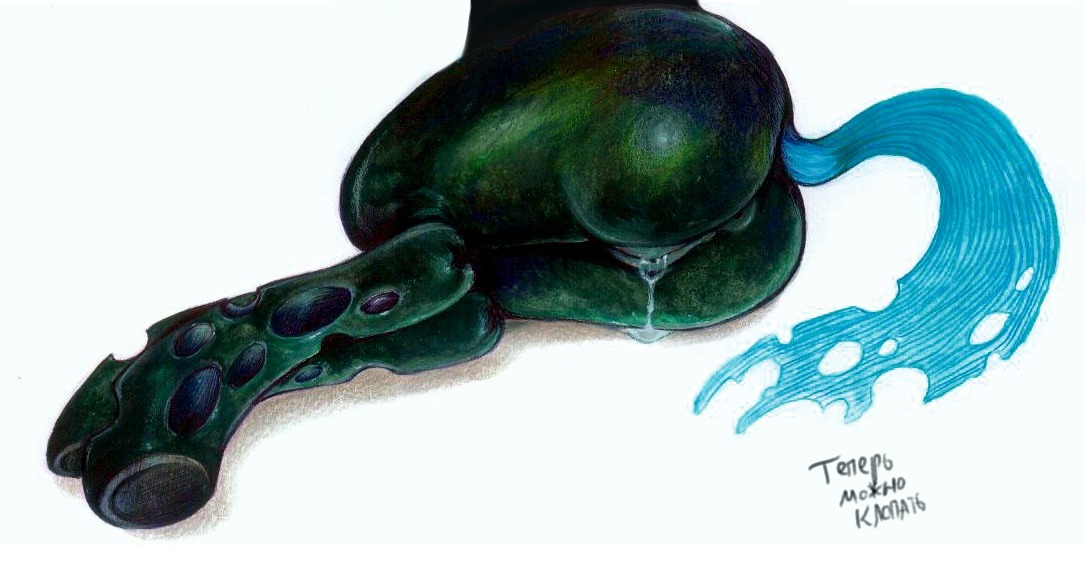 anus arthropod big_butt black_body blue_tail bodily_fluids butt changeling_(mlp) e621 female female_feral feral friendship_is_magic fuchs genital_fluids genitals hasbro hole_(anatomy) lying my_little_pony queen_chrysalis_(mlp) russian_text simple_background solo tail text traditional_media_(artwork) vaginal_fluids vulva white_background
