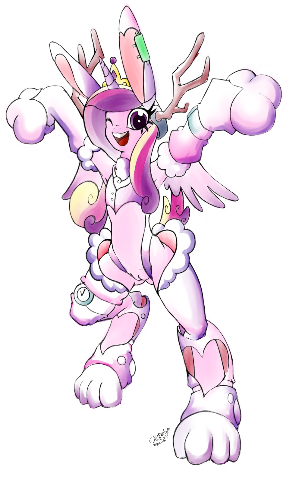 2013 clothing e621 equid equine feathered_wings feathers female friendship_is_magic fur genitals hair hasbro hi_res horn looking_at_viewer mammal multicolored_hair my_little_pony mythological_creature mythological_equine mythology one_eye_closed pink_body pink_feathers pink_fur princess_cadance_(mlp) purple_eyes ricocake simple_background solo vulva white_background winged_unicorn wings wink