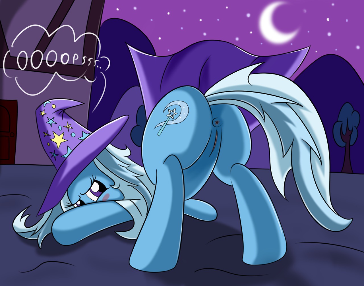 anus blue_body blue_fur blush building butt cape clothing cutie_mark door e621 equid equine female feral friendship_is_magic fur genitals hasbro hat headgear headwear horse house looking_back mammal moon my_little_pony night outside plant pony purple_eyes quadruped shy sky solo star starry_sky tail text tree trixie_(mlp) vulva wizard_hat ziemniax