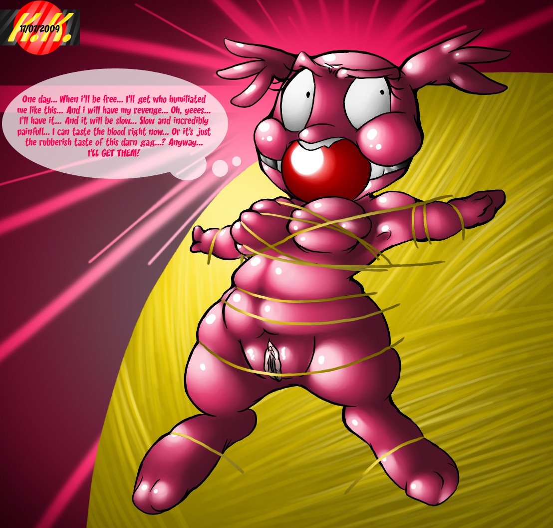 1girls ball_gag berry_(fhfif) bondage bound breasts cartoon_network english_text female female_only foster's_home_for_imaginary_friends gag gagged konnykon nude obese_female pink_body pussy rope rope_bondage rule34 slightly_chubby solo text thought_bubble
