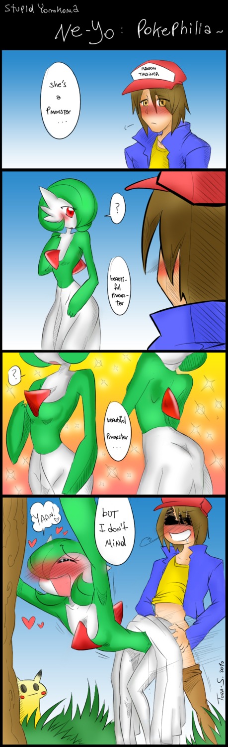 blush breasts clothes color comic doggy_style female feral flat_chest fur gardevoir green_hair hat human humanoid interspecies male nintendo no_breasts nude pikachu pok&eacute;mon_(species) pokemon pokemon_(species) pokemon_rse pokephilia red_eyes rule34 seductive sex short_hair straight tagme tora_s white_skin