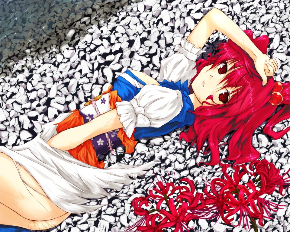 ass female flower hair_bobbles hair_ornament komachi_onozuka masturbation pussy pussy_juice red_eyes red_hair rule34 short_hair solo spider_lily touhou