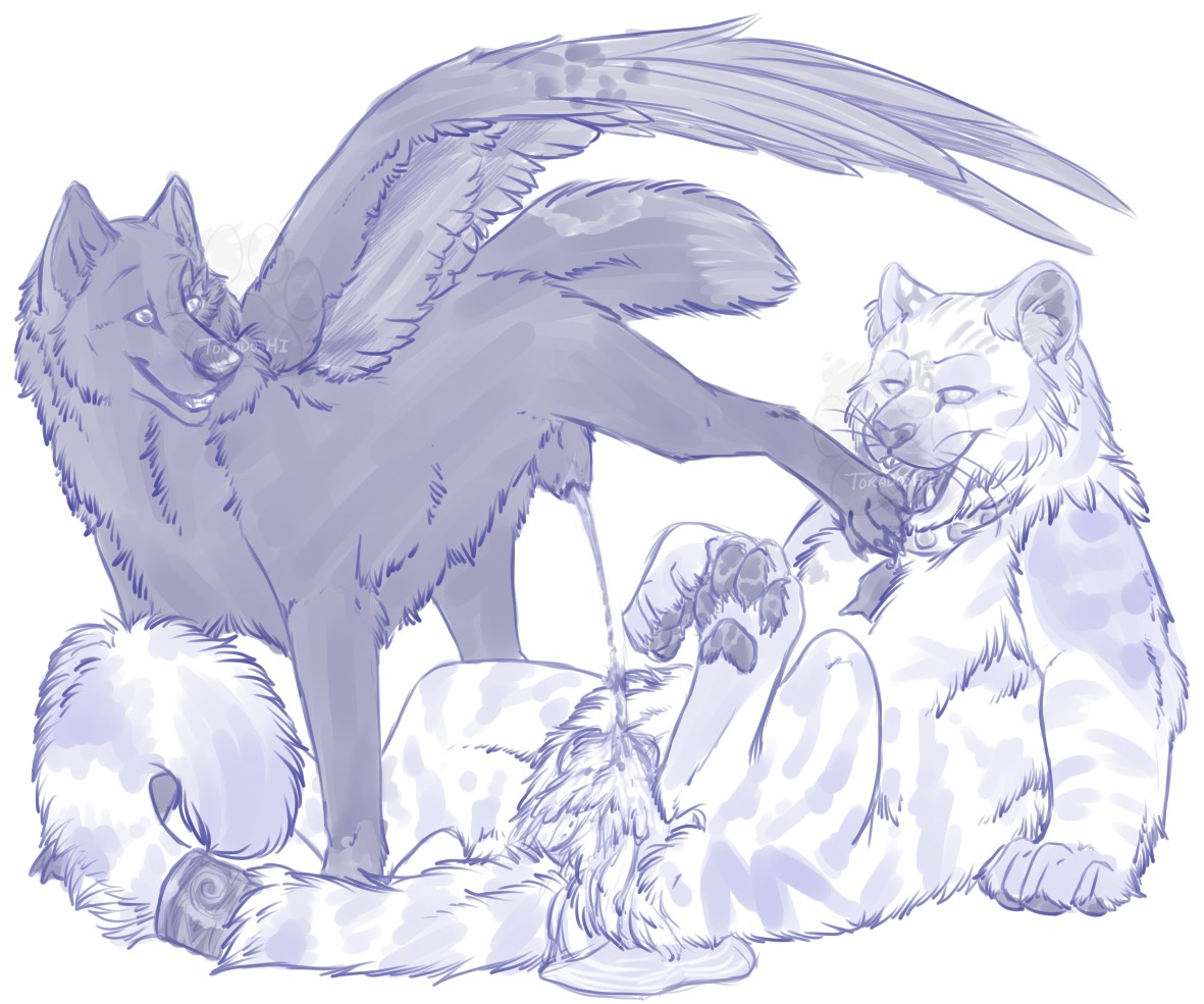 animal animal_genitalia black_fur canine collar feathered_wings feline feral feral_on_feral kintari male male_only markings peeing rule34 tiger toradoshi urine watersports wet winged_wolf wings wolf