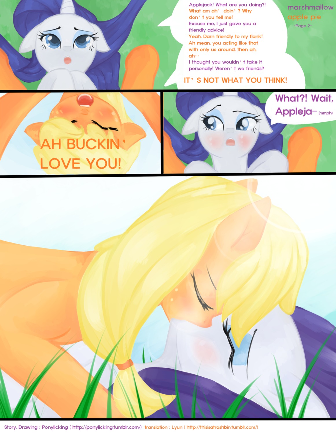 2012 applejack_(mlp) blonde_hair blue_eyes blush comic cutie_mark dialogue duo e621 earth_pony english_text equid equine eyes_closed female female/female feral friendship_is_magic hair hasbro hi_res horn horse kiss_on_lips kissing lying mammal my_little_pony mythological_creature mythological_equine mythology on_back outside pony ponylicking rarity_(mlp) text unicorn url