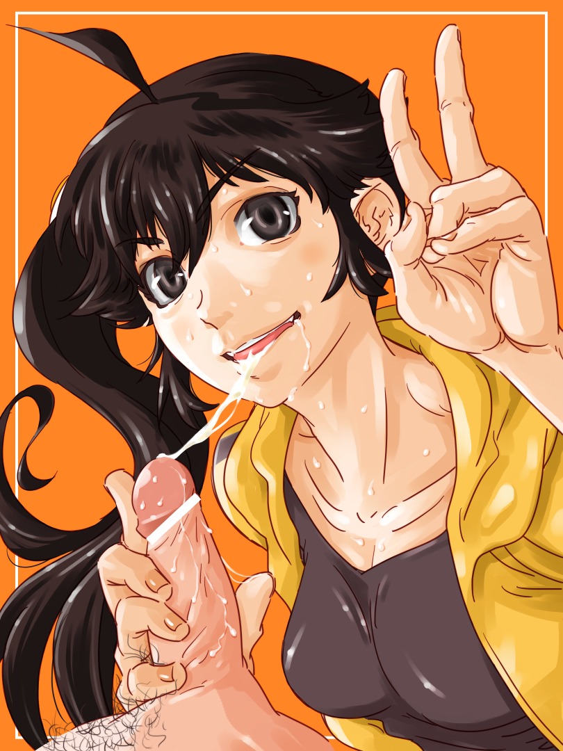 ahoge araragi_karen black_hair breasts censored cum cum_string fellatio female grey_eyes hooded_track_jacket male male_pubic_hair monogatari_(series) nisemonogatari oral penis pubic_hair rule34 side_ponytail suesan sweat tank_top track_jacket v