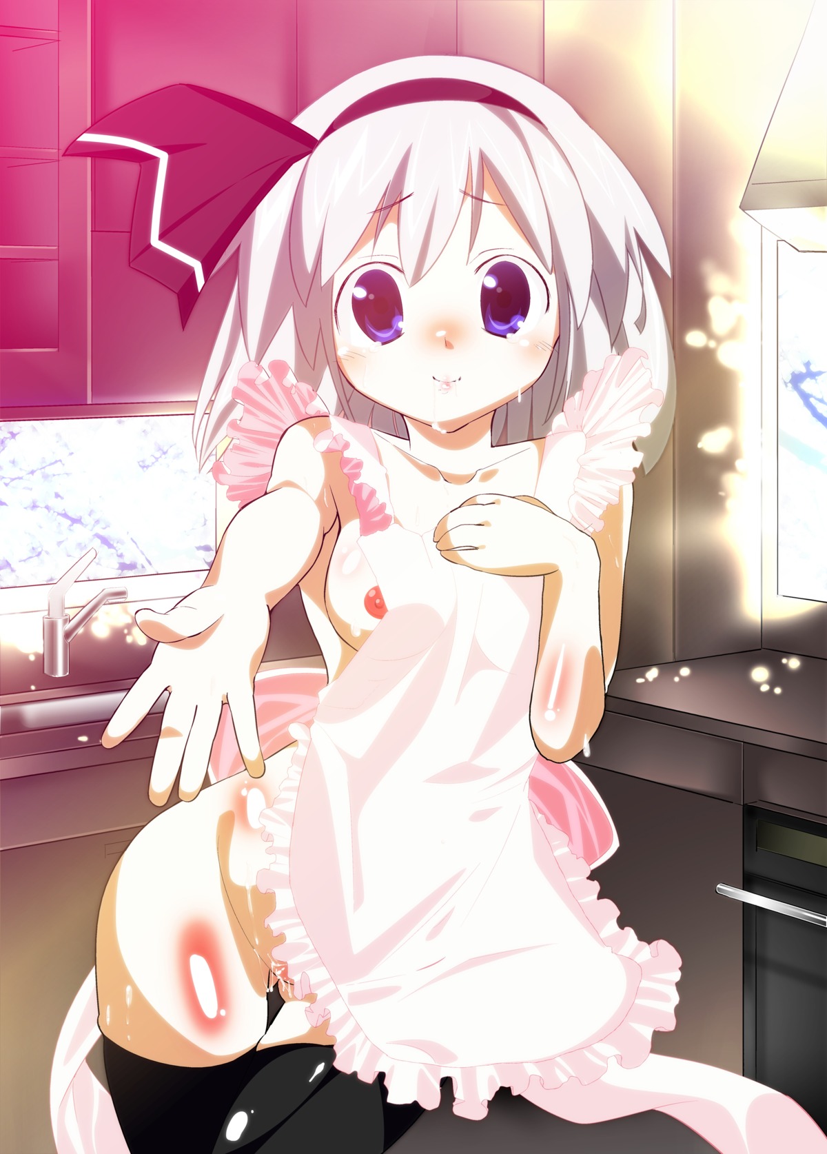 1girls apron auauun black_legwear blue_eyes blush breasts female high_resolution naked_apron nipples reaching rule34 short_hair silver_hair solo thighhighs touhou youmu_konpaku