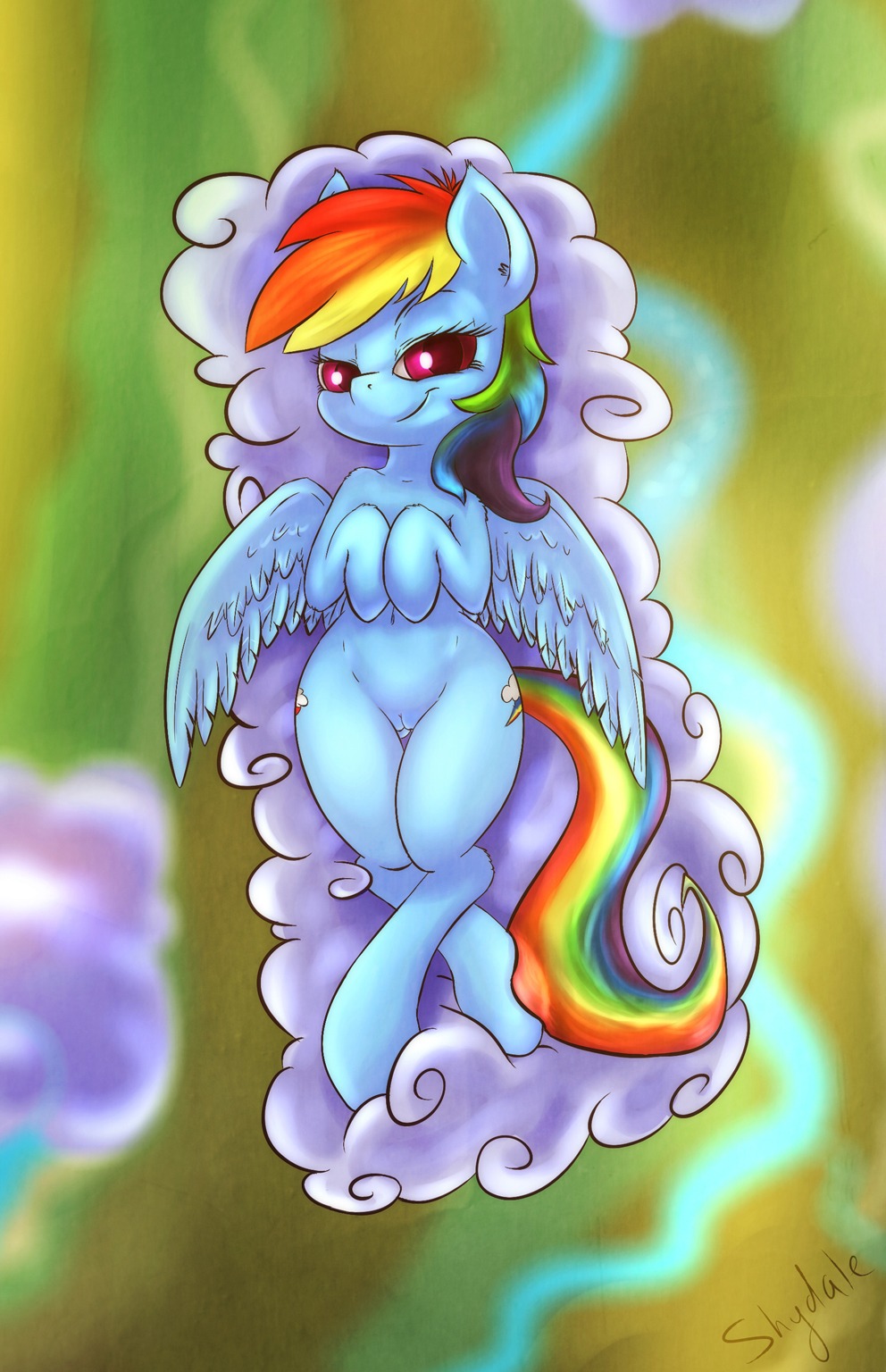 2014 blue_body blue_feathers blue_fur cloud cutie_mark e621 equid equine feathered_wings feathers female feral friendship_is_magic fur genitals hair half-closed_eyes hasbro hi_res looking_at_viewer lying mammal multicolored_hair multicolored_tail my_little_pony mythological_creature mythological_equine mythology narrowed_eyes navel on_back outside pegasus purple_eyes rainbow_dash_(mlp) rainbow_hair rainbow_tail river shydale signature smile smirk solo tail vulva wide_hipped_female wide_hipped_feral wide_hips wings