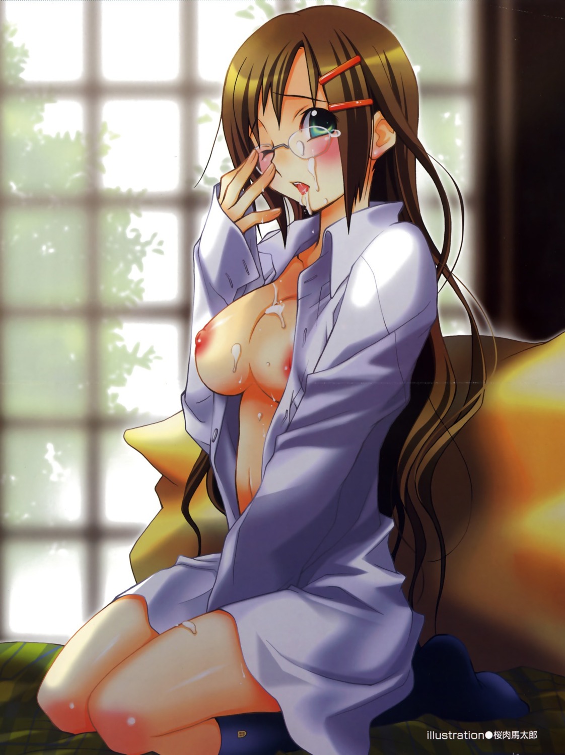 blush breasts brown_hair cum female footwear glasses green_eyes hair_ornament hairclip highres open_clothes open_shirt rule34 sakuraniku_umatarou shirt socks