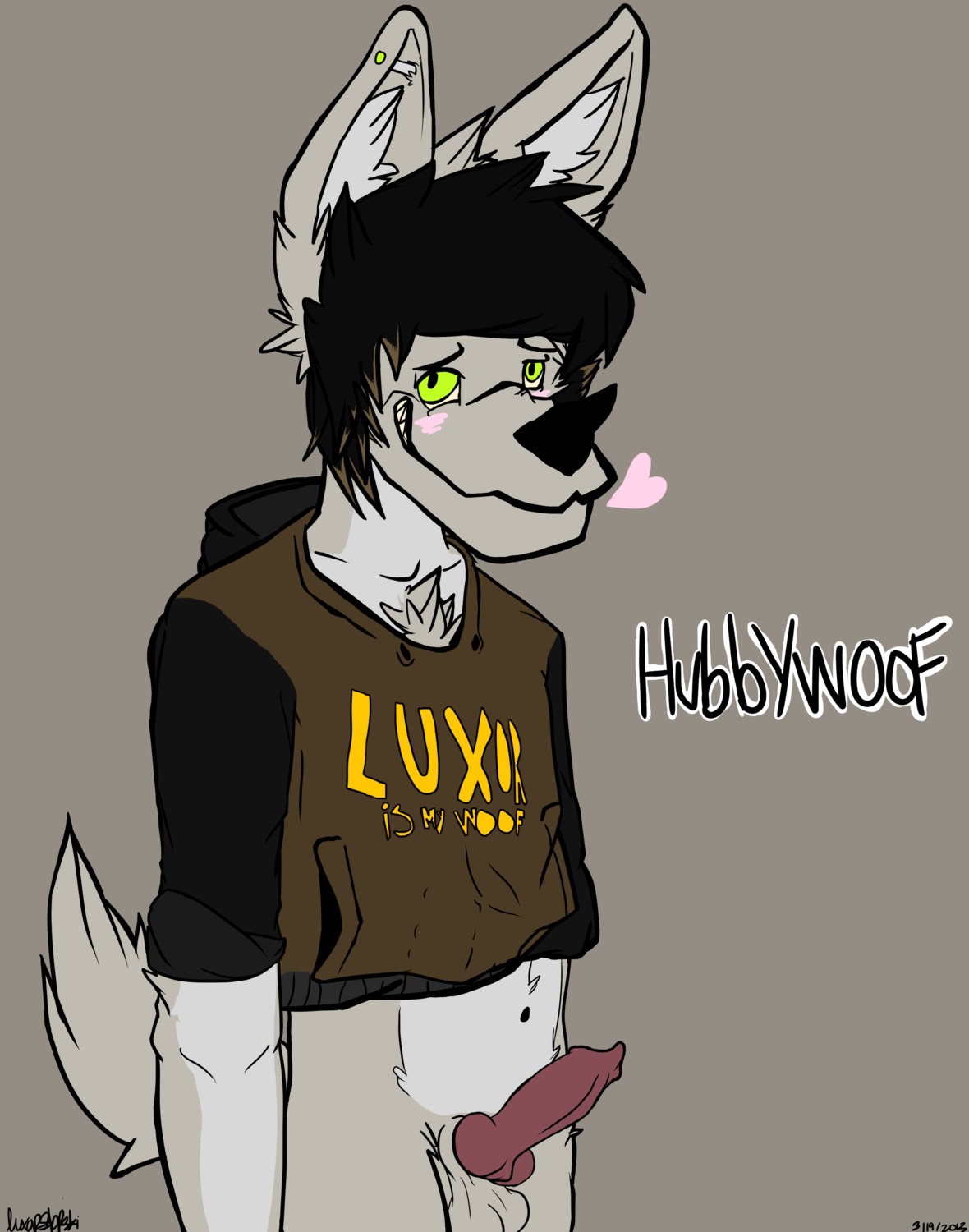 absurd_res anthro blush canid canine canis chivez clothing e621 erection fox genitals hi_res hybrid jacket knot luxorslopski male mammal penis presenting smile solo topwear wolf
