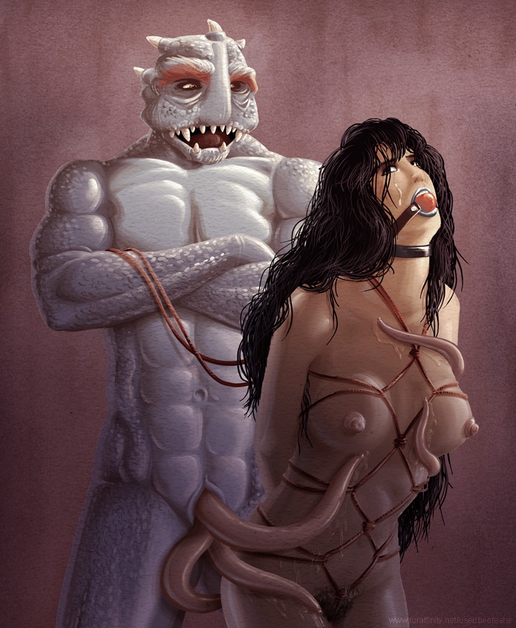 1boy 1girls anthro anthro_on_human bondage elsa_(power_rangers) female gag gagged imminent_rape interspecies male mesogog nipples nonhuman_male_on_human_female power_rangers power_rangers_dino_thunder rule34 straight tagme
