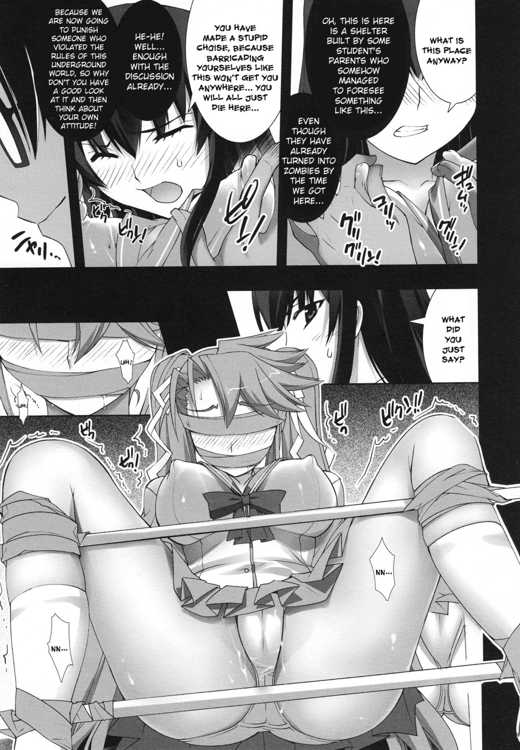 1boy 2girls blonde_hair blue_eyes bondage breasts bukkake censored cover erect_nipples female highschool_of_the_dead katana large_breasts long_hair male mind_break nipple_bulge nipples open_mouth pokies purple_eyes rape rule34 saeko_busujima saya_takagi torn_clothes translated vip yan-yam