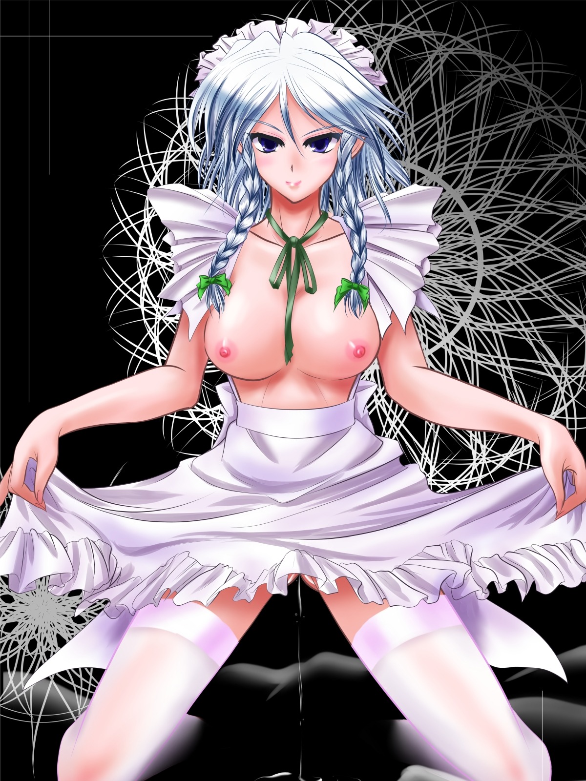 apron breasts female highres kneeling legwear maid_headdress pussy pussy_juice rule34 sakuya_izayoi stockings thighhighs touhou
