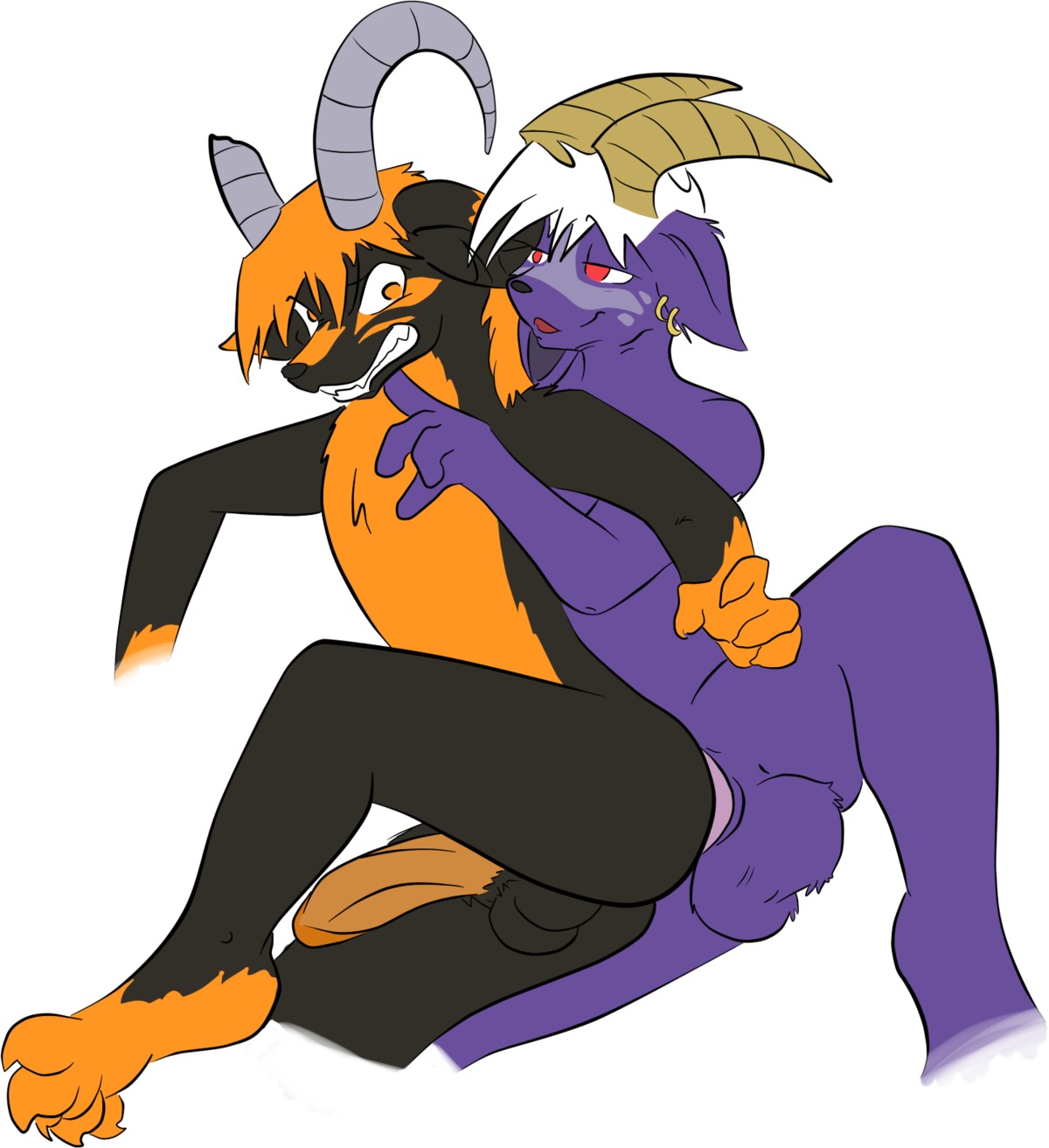 anal anal_penetration animal_genitalia azurai balls black_body black_fur blonde_hair buwaro_elexion demon duo e621 erection eye_contact feet fire_demon_(slightly_damned) fur genitals hair hi_res hindpaw horn humanoid_genitalia humanoid_penis looking_at_another male male/male male_penetrated male_penetrating male_penetrating_male markings nude open_mouth paws penetration penis plantigrade purple_body purple_fur red_eyes sex sheath simple_background slightly_damned unknown_artist white_background white_hair yellow_eyes yellow_markings