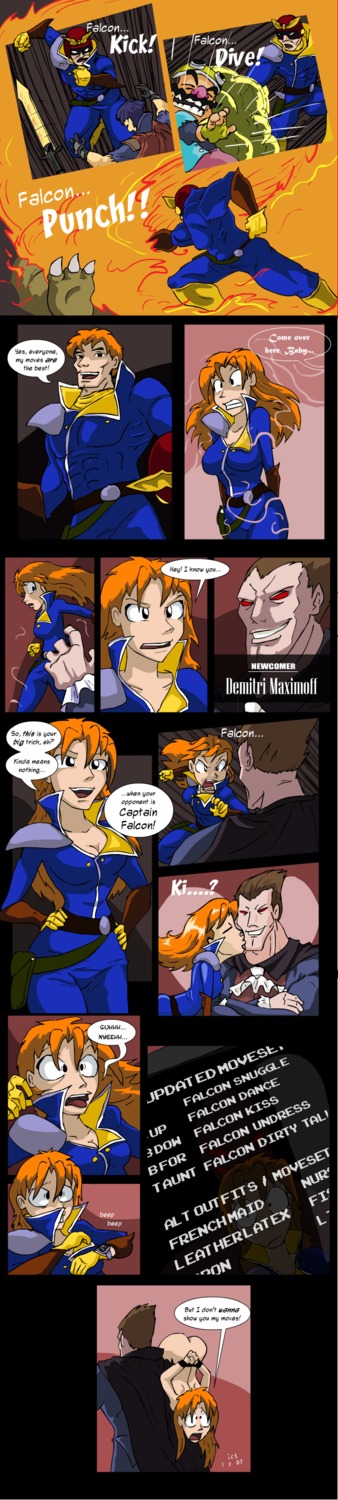 1girls 3boys abs armor arms_behind_back ass beige_skin black_eyes blue_hair bondage boots bound bound_wrists bowser breasts brown_hair cape captain_falcon carrying claws cleavage closed_eyes clothes clothing color comic crossed_arms crossover darkstalkers defeated demitri_maximoff dialog disgusted english_text eye_contact f-zero facial_hair falcon_punch female fighting fingerless_gloves fire fire_emblem fire_emblem:_path_of_radiance fire_emblem:_radiant_dawn footwear gender_transformation gloves hair hands_on_hips helmet holding human ics ike_(fire_emblem) kick kissing long_comic long_hair looking_at_another male mario_(series) mtf_transformation multiple_males muscles muscular muscular_male mustache nintendo nude open_eyes open_mouth orange_hair punch red_eyes round_ears rule34 rule_63 short_hair shoulder_carry small_breasts smile speech_bubble straight_hair super_smash_bros. super_smash_bros._brawl surprised sword text tongue transformation violence wario wario_land warioware weapon