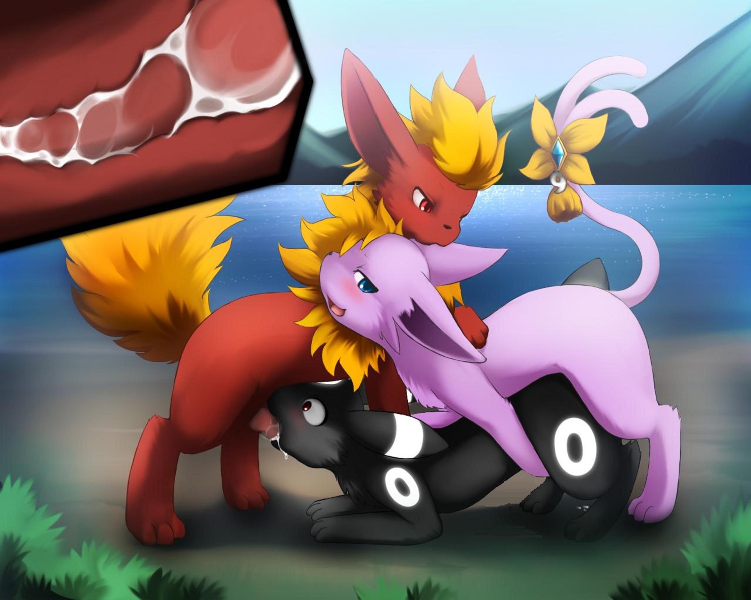 buggery color eeveelution espeon fellatio feral feral_on_feral flareon fur furry male male_only multiple_males nudity oral pokemon pokemon_(species) rule34 side_view umbreon yaoi