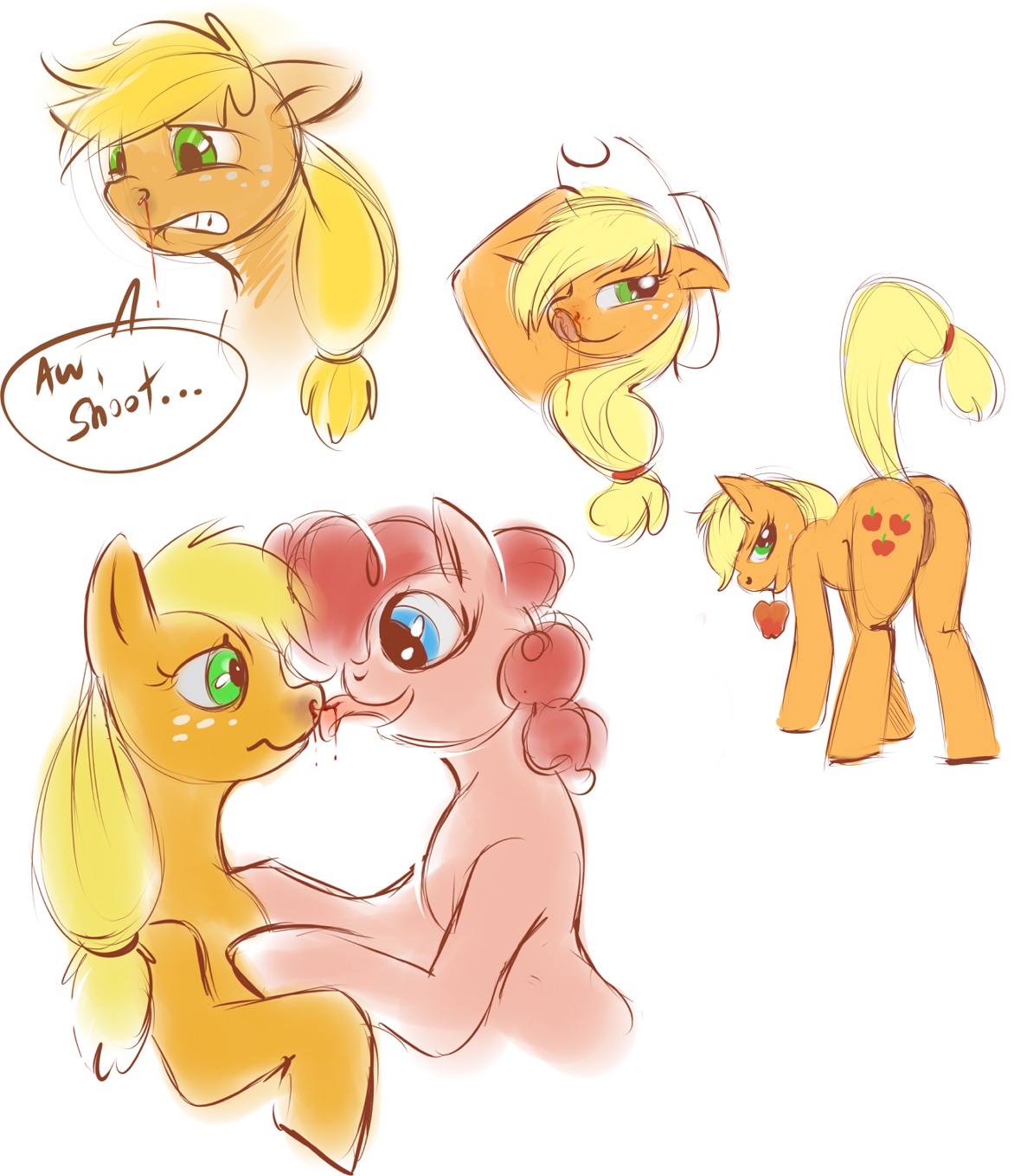 anus apple applejack_(mlp) blonde_hair blood blue_eyes bodily_fluids clothing cutie_mark dialogue duo e621 earth_pony english_text equid equine female female/female feral food freckles friendship_is_magic fruit genitals green_eyes hair hasbro hat headgear headwear hi_res horse licking mammal my_little_pony nosebleed pink_hair pinkie_pie_(mlp) plant pony ponyparty presenting quadruped simple_background sketch_page solo tail text tongue tongue_out vulva white_background