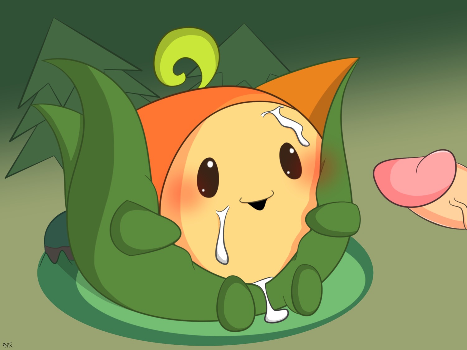 4:3 ambiguous_gender blush bodily_fluids bud bud_(haypi_monster) cum cum_on_face disembodied_penis duo e621 erection genital_fluids genitals haypi_(copyright) haypi_monster hi_res humanoid_genitalia humanoid_penis male messy neitsuke open_mouth penis plant sitting smile solo_focus