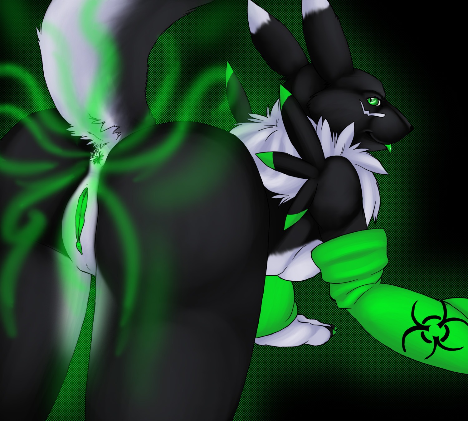 acidrenamon alternate_color anthro anus armwear bandai_namco bent_over black_background black_body black_fur black_nose black_skin breasts bridal_gauntlets butt canid canine clothing digimon digimon_(species) e621 eyes_closed fan_character fart fart_cloud fart_fetish female fluffy fur genitals gloves glowing green_anus green_background green_body green_eyes green_fart_cloud green_skin green_tongue green_vulva handwear happy hi_res hybrid japanese kitsune_nyx looking_at_viewer looking_back mammal mephitid micro presenting presenting_hindquarters renamon side_boob simple_background skunk smile solo tail tongue tongue_out vulva white_body white_fur