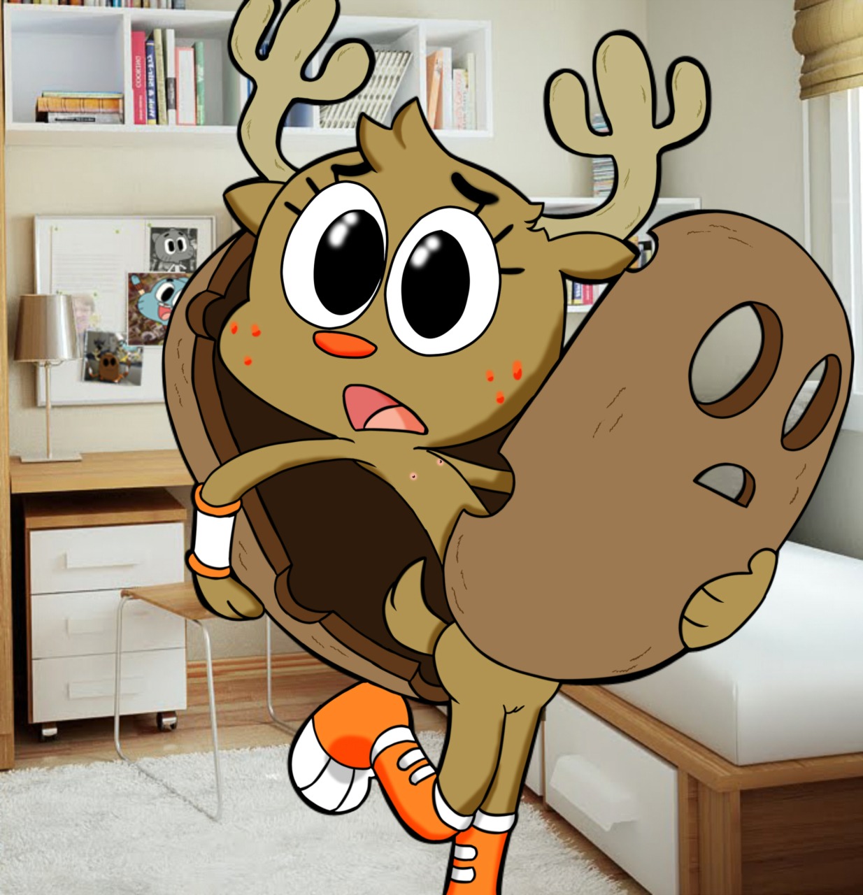 anthro antlers bed biped book boots breasts brown_body brown_fur carpet cartoon_network censor_removal_edit clothing deer desk dragonofdarkness13 e621 female flat_chested footwear fur furniture furniture_lamp genitals gumball_watterson hi_res horn inside mammal micro_calves micro_legs micro_thighs moose new_world_deer nude penny_fitzgerald reveal shell shoes solo standing table the_amazing_world_of_gumball thin_calves thin_legs thin_thighs third-party_edit vulva wristband young young_anthro