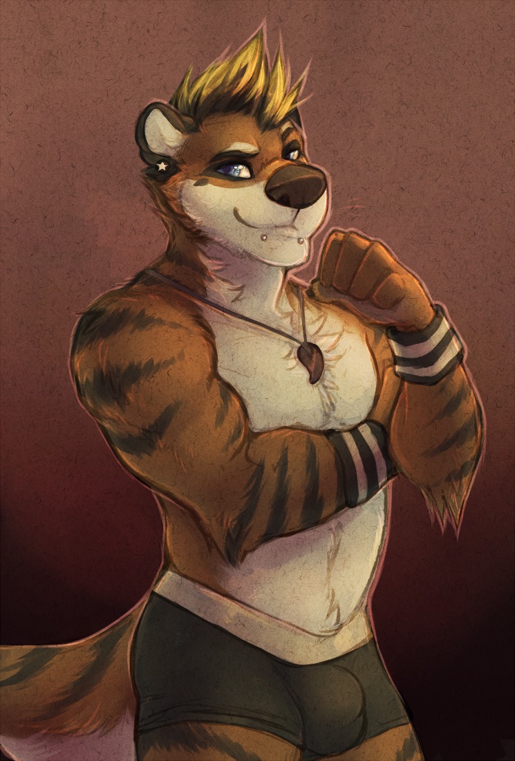 2014 anthro beads biceps biped blonde_hair boxer_briefs bracelet bulge canid canine canis clothed clothing conditional_dnp domestic_dog e621 ear_piercing fur garnetto hair hybrid jewelry kyo_(kiasano) looking_at_viewer magatama male mammal markings muscular muscular_anthro muscular_male mustelid necklace otter piercing smile solo standing stripes tail topless triceps underwear