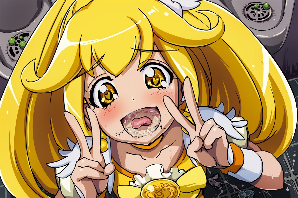 bathroom blonde_hair blush clothing condom cum cum_in_mouth cure_peace female gokkun heart heart-shaped_pupils long_hair looking_at_viewer magical_girl mouth_full_of_cum pov precure pretty_cure pubic_hair pubic_hair_in_mouth raikoh raikoh_(artist) rule34 smile_precure solo stray_pubic_hair symbol-shaped_pupils toilet used_condom v wristband yayoi_kise yellow_eyes