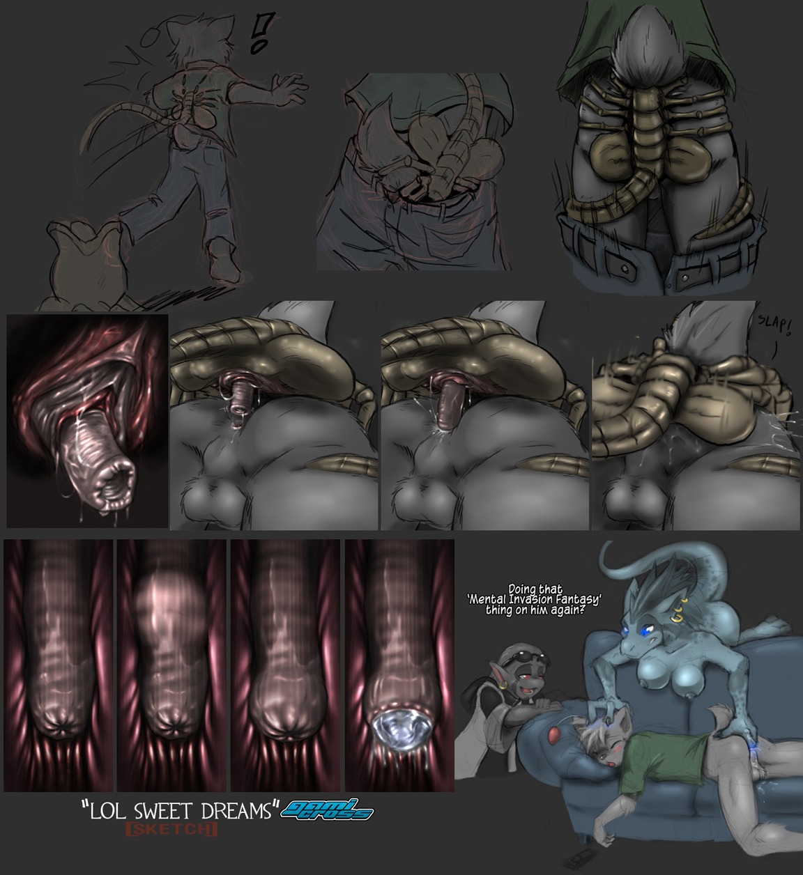 alien_(franchise) ambiguous_gender anthro crossover darknek0gami dialogue egg_implantation english_text facehugger final_fantasy male male/ambiguous moogle no_humans oviposition rule34 text