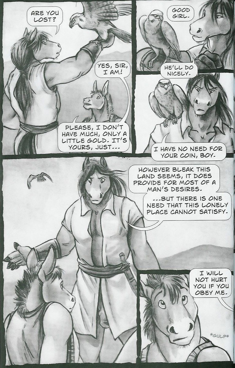 animal_genitalia animal_penis anthro asinus blotch clothed clothing comic dialogue donkey duo e621 english_text equid equine equine_genitalia equine_penis eye_contact fingers genitals greyscale half-erect hi_res hooved_fingers hooves horse looking_at_another male male/male mammal mane melee_weapon monochrome multiple_scenes open_clothing open_shirt open_topwear penis sash shirt simple_background steppe_in_the_right_direction sword text topwear weapon