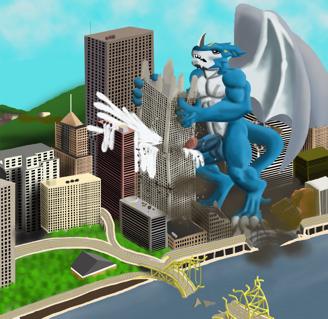 anthro building cum destruction digimon digimon_(species) dragon exveemon macro male male_only penis rule34 scalie solo tagme