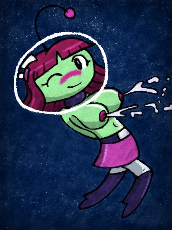 astronaut_helmet blush breasts brown_hair female green_skin lactation large_breasts luna_(mighty_milky_way) mighty_milky_way navel outer_space rule34 short_hair skirt smile solo space topless wink