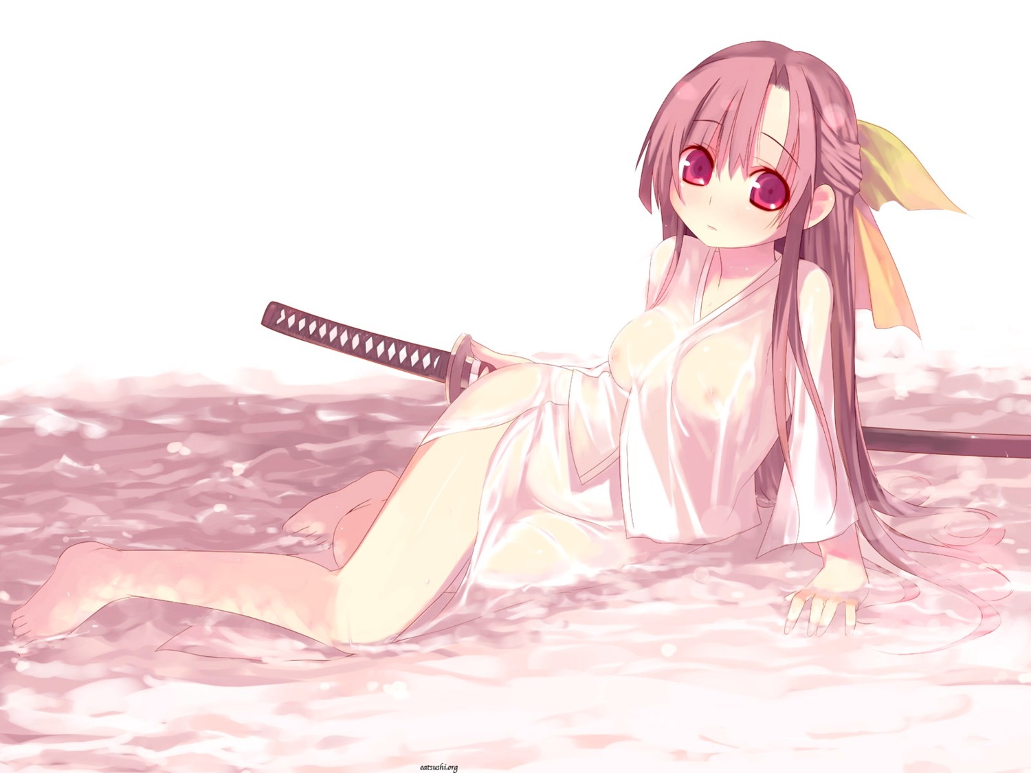 blush bow breasts female female_only highres human kashiwamochi_yomogi long_hair os-tan rule34 see-through solo sword wallpaper weapon wet