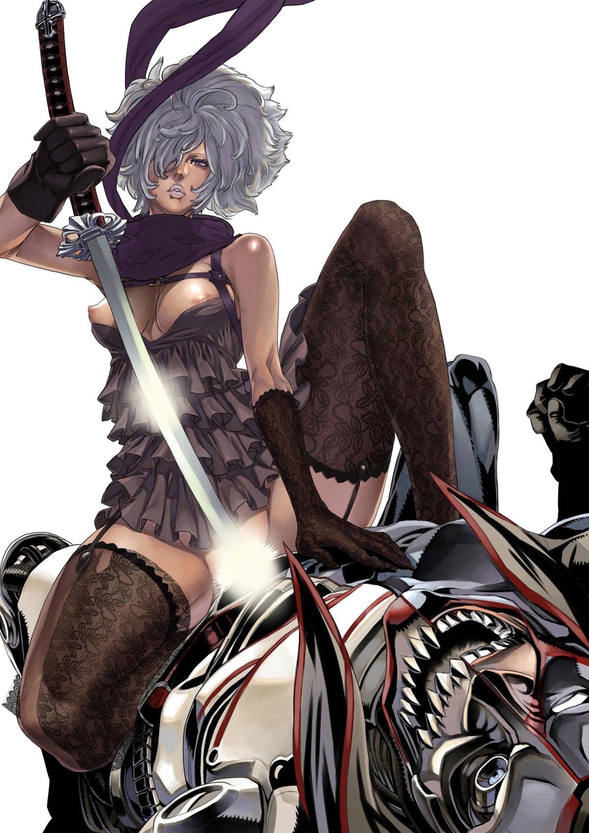 afro bare_shoulders breasts camisole censored convenient_censoring cowgirl_position dark_skin dress female frills gloves high_resolution katana lace lips nipples no_more_heroes no_panties purple_eyes rule34 scarf shinobu_jacobs short_hair silver_hair sword thighhighs weapon white_hair zunta