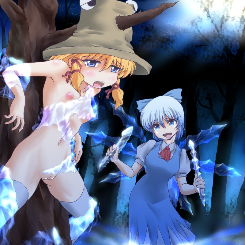 2girls blonde_hair blue_eyes blue_hair bondage bound bound_arms bound_legs bound_to_tree bound_torso bow breasts cirno clothed_female_nude_female dildo dress eyes female female_only femdom femsub forest hairbow hat helpless ice ice_bondage ice_dildo imminent_rape multiple_females multiple_girls nipples nude open_mouth pussy pyonta restrained rule34 short_hair small_breasts stuck_in_ice suwako_moriya thighhighs touhou tree trees uncensored wancozow white_legwear white_thighhighs wings