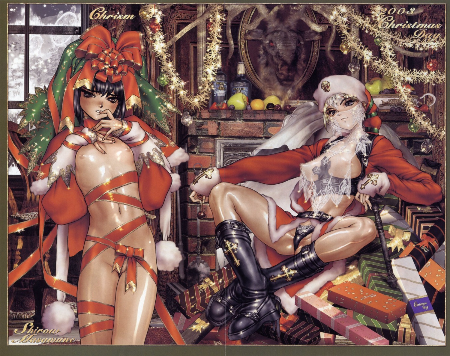 breasts christmas erect_nipples female flat_chest high_resolution knee_boots midriff naked_ribbon navel nipples ribbon ribbons rule34 shirou_masamune shirow_masamune snow snowing window