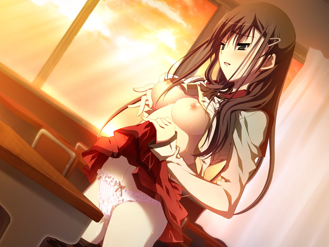 blush breasts female game_cg hoka_no_otoko_no_seieki_de_harande_mo_ii_desu_ka long_hair masturbation nipples panties pussy pussy_juice rule34 skirt_lift underwear wet