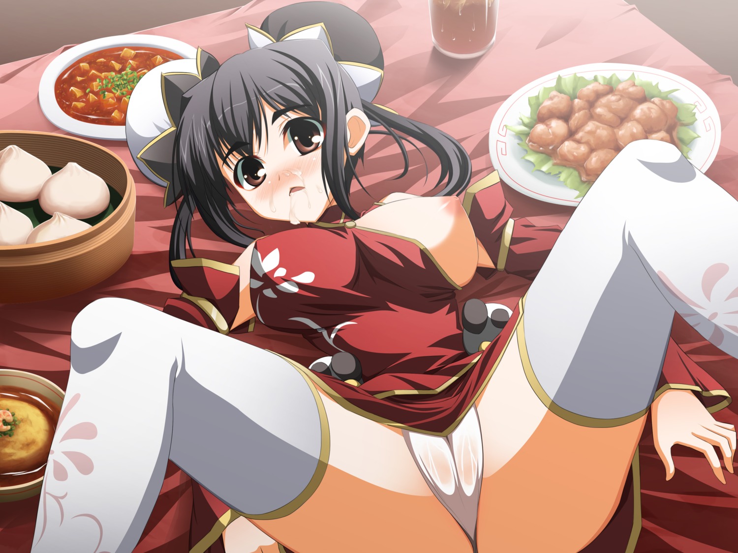 bamboo_steamer baozi breasts cameltoe china_dress chinadress chinese_clothes cum cum_on_face dumpling female food looking_at_viewer nipples panties pussy rule34 spread_legs table thighhighs white_legwear