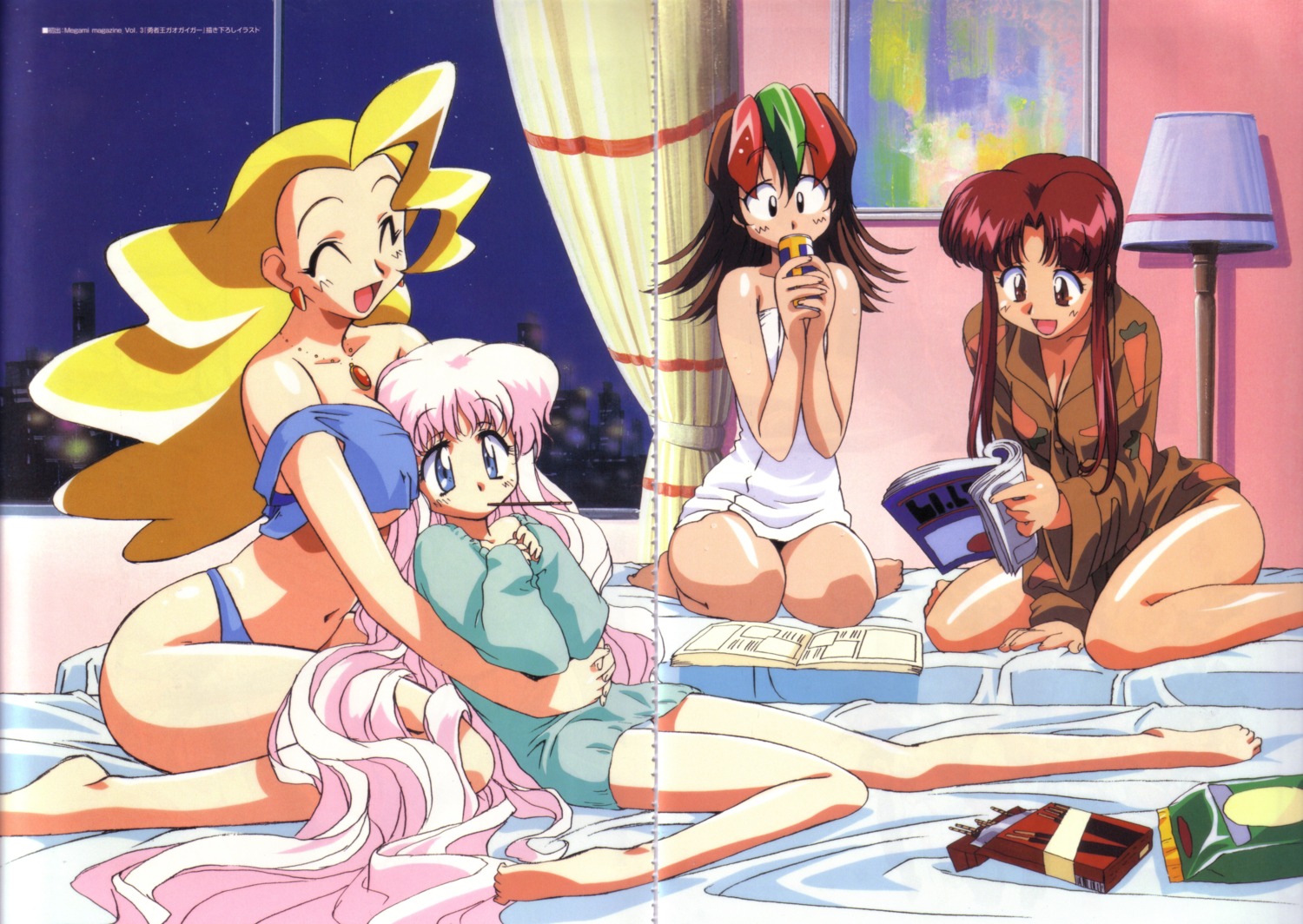 barefoot bed betterman blonde_hair female gaogaigar high_resolution kimura_takahiro magazine official_art panties pink_hair pocky rule34 sai_hinoki sakura_akamatsu swan_white towel underwear utsugi_mikoto yuusha_series