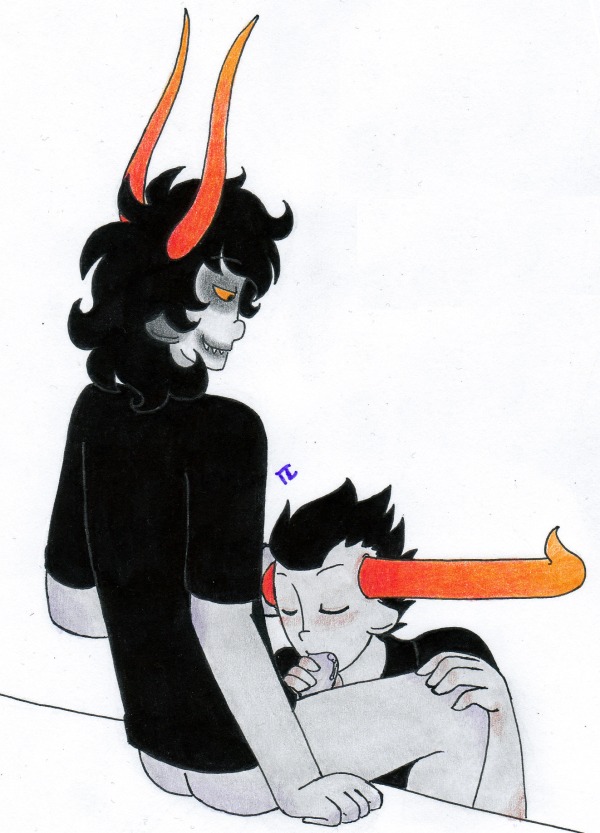 2boys ass black_hair closed_eyes clothing facepaint fellatio gamzee_makara gay grey_skin homestuck horns male ms_paint_adventures oral pandemoniumincarnate penis pointy_ears rule34 sharp_teeth short_hair smile source_request tavros_nitram troll white_background yellow_eyes