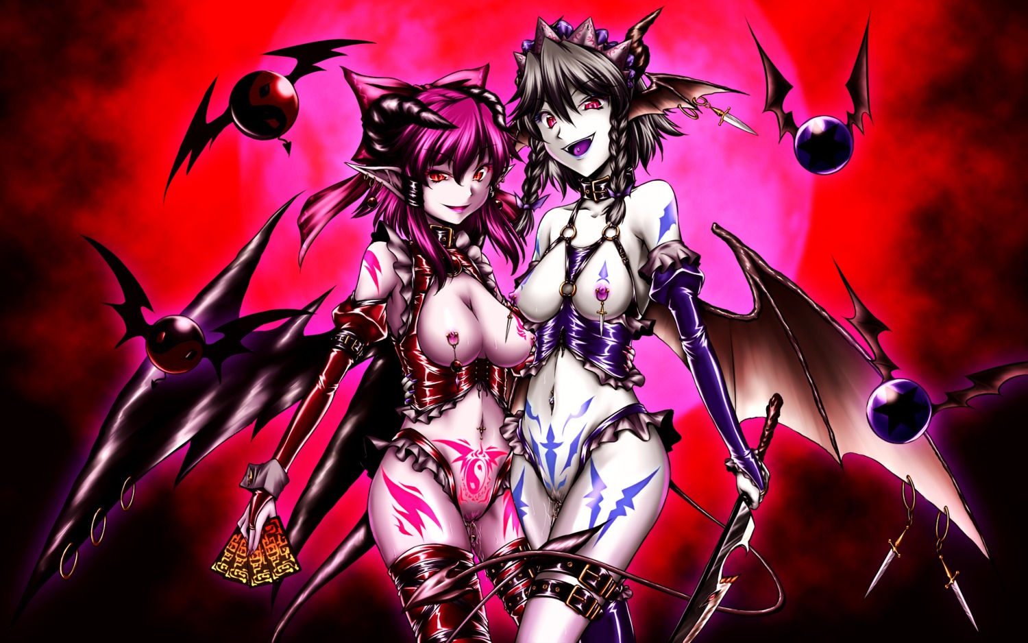 bat_wings bow braid breastless_clothes breasts choker clitoris clitoris_piercing clitoris_ring corruption crotchless_panties dark_persona demon demon_girl evil eyeshadow fangs female frills hair hairbow head_wings highres horns lipstick makeup multiple_females multiple_girls nail_polish naughty_face navel_piercing nipple_piercing nipple_rings nipples pale_skin panties piercing pointy_ears pubic_hair pubic_tattoo pussy pussy_juice red_eyes reimu_hakurei rule34 sakuya_izayoi short_hair silver_hair smirk succubus tail tattoo thigh_strap thighhighs tongue_piercing touhou twin_braids uncensored underwear weapon wings yuzu_momo