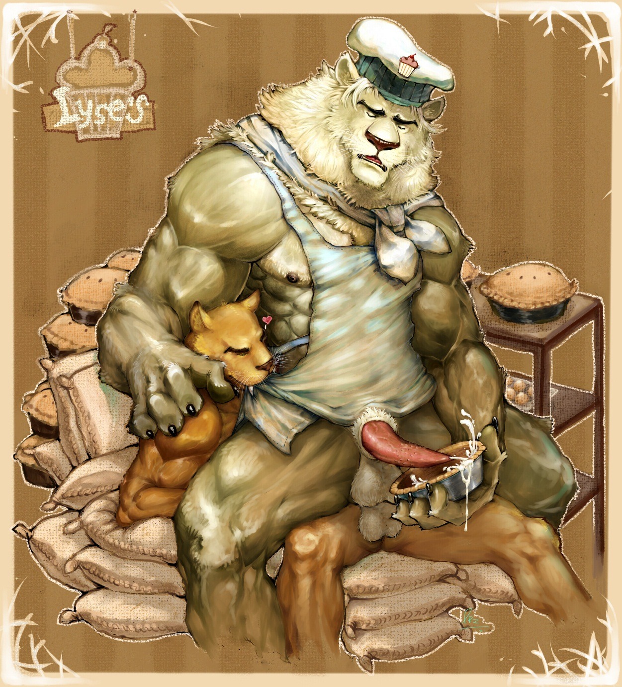 abs anal anal_penetration animal_genitalia animal_penis anthro apron balls biceps big_muscles black_nipples bodily_fluids clothing cook cooking cum cum_on_food dessert duo e621 erection eyes_closed fangs felid feline_genitalia feline_penis food food_fetish food_play fur genital_fluids genitals happy heart_symbol hi_res leucistic lion male male/male male_penetrated male_penetrating male_penetrating_male mammal mane muscular muscular_male nipples nude orange_body orange_fur pantherine pastry pecs penetration penile_spines penis pie pockyrumz prehistoric_species saber-toothed_tiger sex sheath teeth white_body white_fur