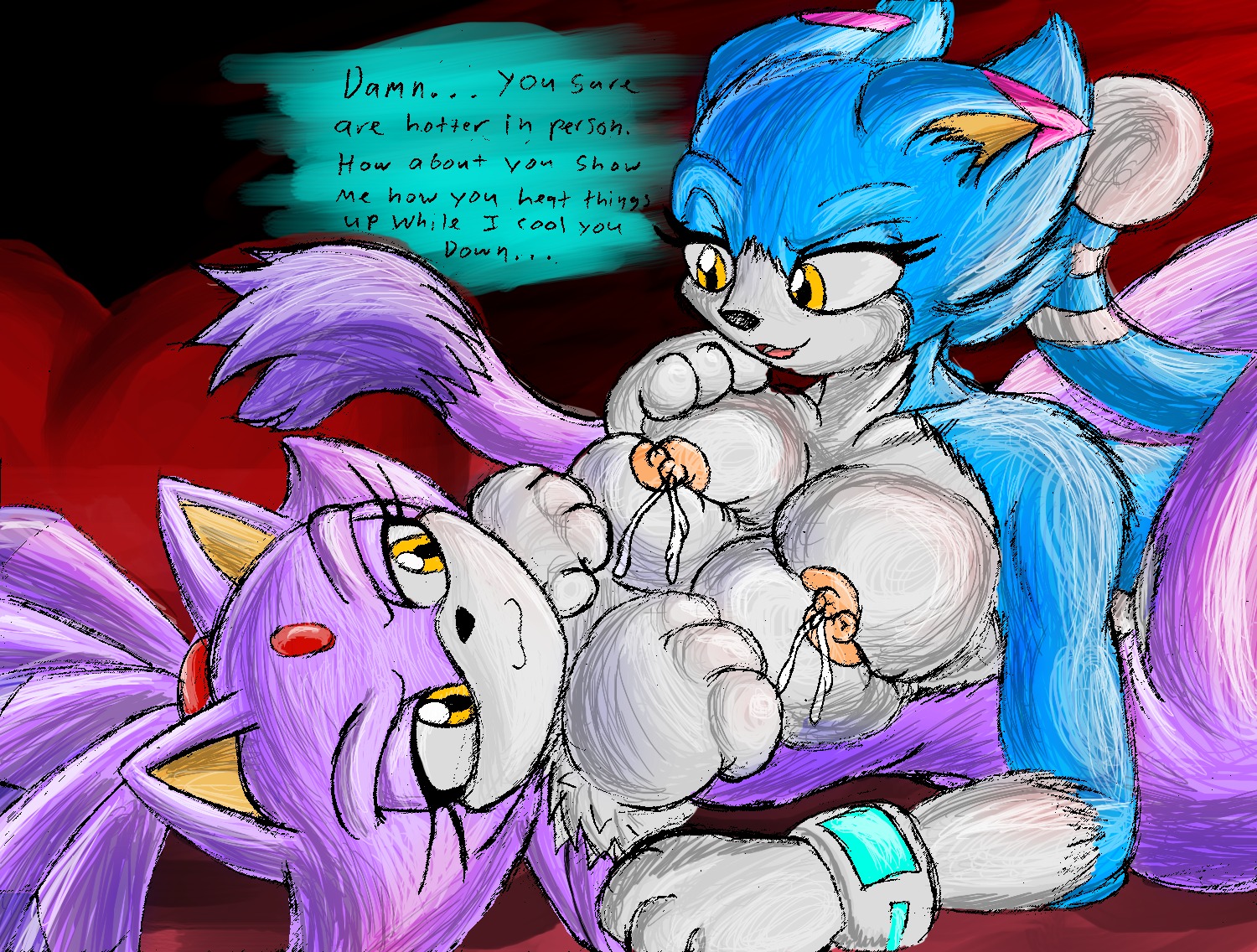 amber_eyes anthro blaze_the_cat blue_body blue_fur bodily_fluids breast_squish breasts breasts_frottage dialogue domestic_cat duo e621 english_text felid feline felis female female/female fur hair ionic44 lactating mammal nipples nipples_touching ponytail purple_body purple_fur romantic romantic_couple rosie_(ionic44) sega sonic_the_hedgehog_(series) squish tail text