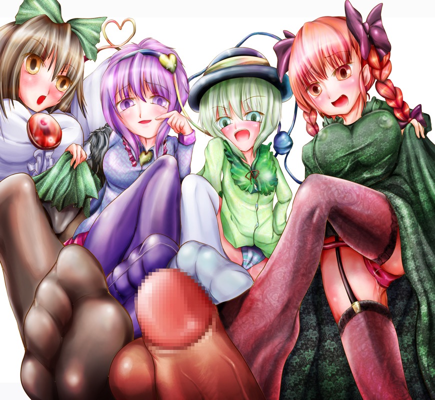 1boy 4girls artist_request big_breasts black_legwear blush bow braided_twintails breast_size_difference breasts brown_hair cameltoe censored dress dress_lift erect_nipples erect_nipples_under_clothes feet female femdom footjob footjob_with_legwear green_eyes green_hair koishi_komeiji large_breasts legwear looking_at_viewer looking_down male male_pov mosaic_censoring multiple_females multiple_footjob multiple_girls nipples open_mouth orange_eyes orange_hair panties panties_visible_through_clothing pantyhose pantyshot pantyshot_(standing) penis pink_panties pov purple_eyes purple_hair purple_legwear purple_thighhighs pussy rin_kaenbyou rule34 satori_komeiji short_hair skirt skirt_lift small_breasts standing standing_footjob stockings striped_panties submissive_pov teamwork thighhighs toes tongue touhou utsuho_reiuji white_background white_legwear white_panties white_thighhighs yellow_eyes