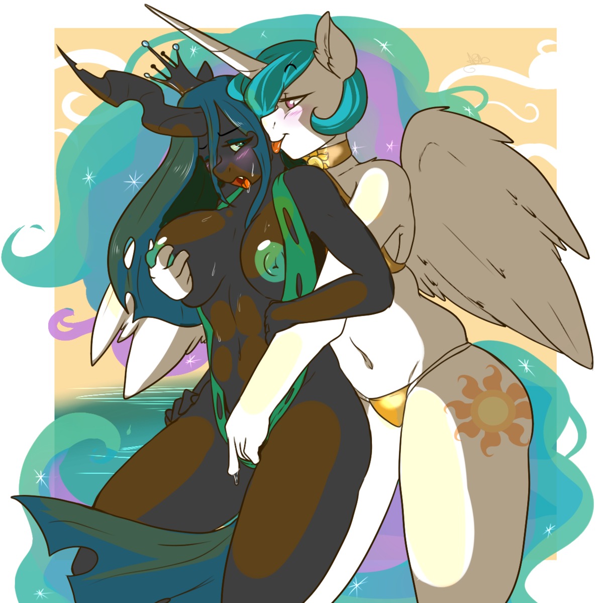 1:1 2014 anthro anthrofied arthropod big_breasts black_body blue_hair blush bodily_fluids breast_grab breasts changeling_(mlp) clothing cutie_mark digital_media_(artwork) duo e621 equid equine feathered_wings feathers female female/female fingering friendship_is_magic fur geeflakes genital_fluids green_eyes grope hair hand_on_breast hasbro hi_res horn huge_breasts interspecies mammal multicolored_hair my_little_pony mythological_creature mythological_equine mythology nipples one_eye_closed open_mouth panties princess_celestia_(mlp) purple_eyes queen_chrysalis_(mlp) sweat swimwear tongue tongue_out underwear vaginal vaginal_fingering vaginal_fluids white_body white_feathers white_fur winged_unicorn wings