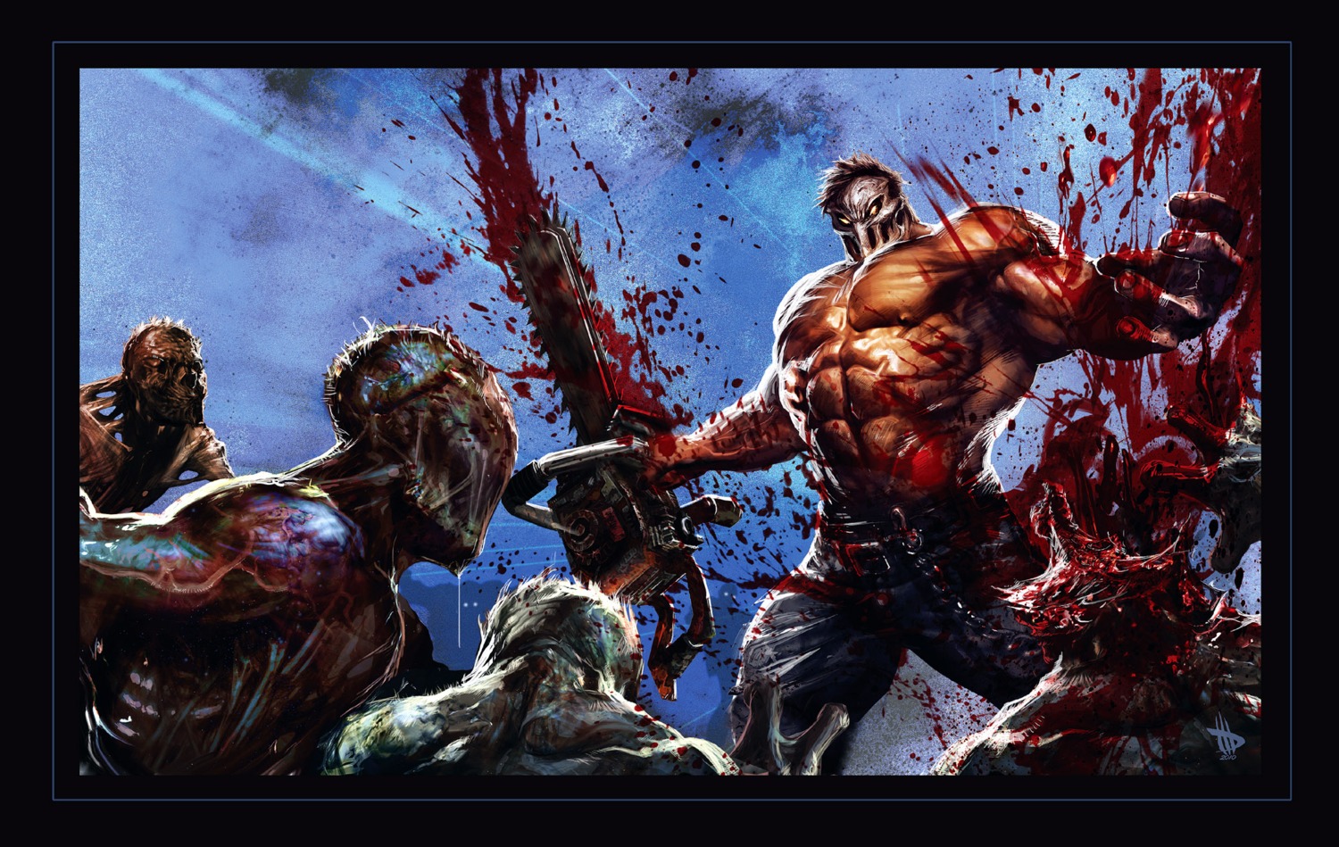 abs athletic battle belt biceps big_muscles black_border blood bodily_fluids border bottomwear chainsaw clothed clothing dave_wilkins death demon e621 fight goo-connected_lips gore grotesque_death group hair hi_res horror_(theme) huge_muscles human male mammal mask monster muscular muscular_male nipples not_furry pants pecs pose power_tool rick_taylor splatterhouse teeth terror_mask tools topless vein weapon yellow_eyes