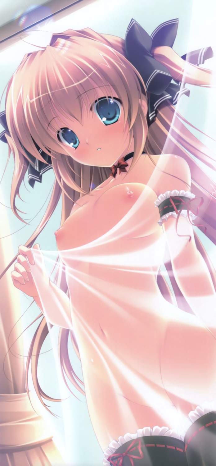 aqua_eyes arm_garter artist_request black_legwear blonde_hair blue_eyes blush breasts brown_hair censored choker collar convenient_censoring curtains female frilled_legwear frills high_resolution lens_flare looking_down mikeou mirai_asuka nanairo_kouro navel nipples nude ribbon rule34 source_request thighhighs tied_hair twintails